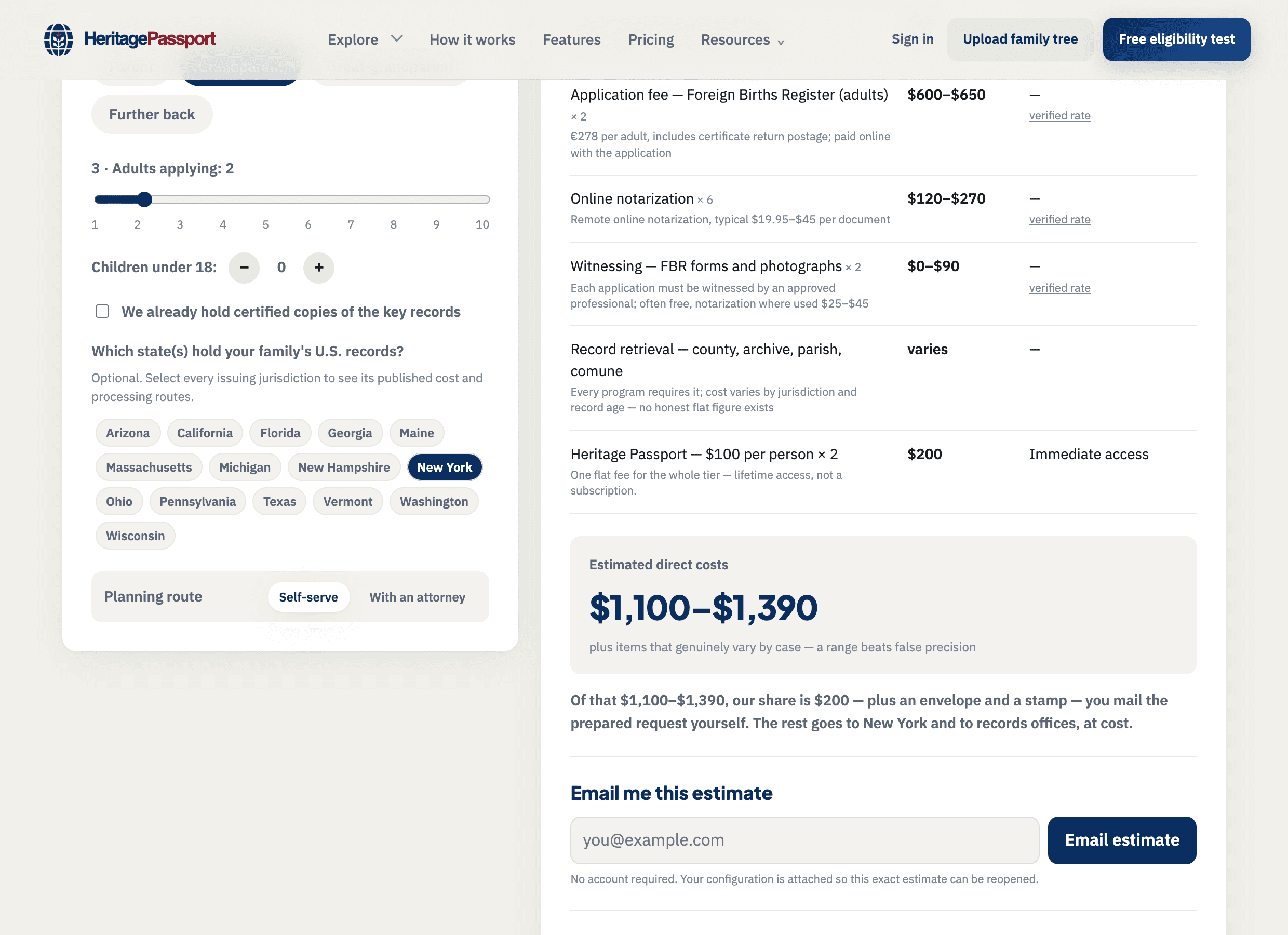The Heritage Passport cost estimate for an Irish claim through a grandparent with records in New York, itemising what each issuing office charges before any account is created.