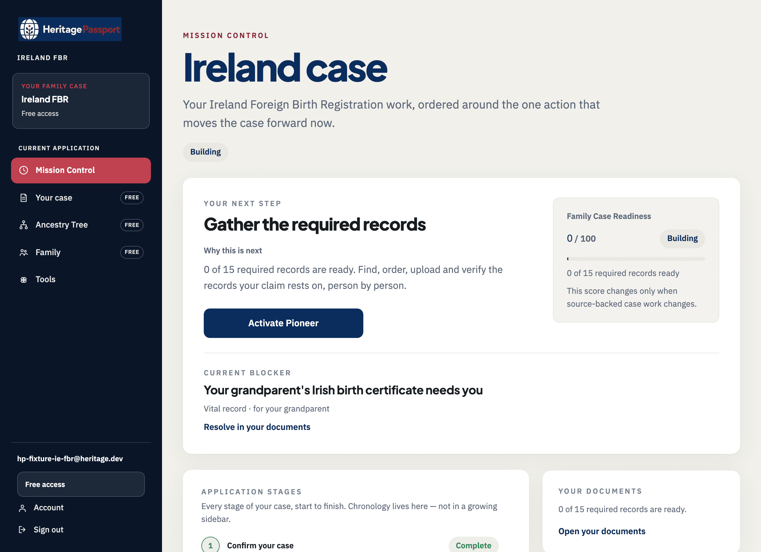 Mission Control in Heritage Passport on a live Ireland Foreign Birth Registration case: the single next action is to gather the required records, with the current blocker named separately and the readiness of the whole case shown.