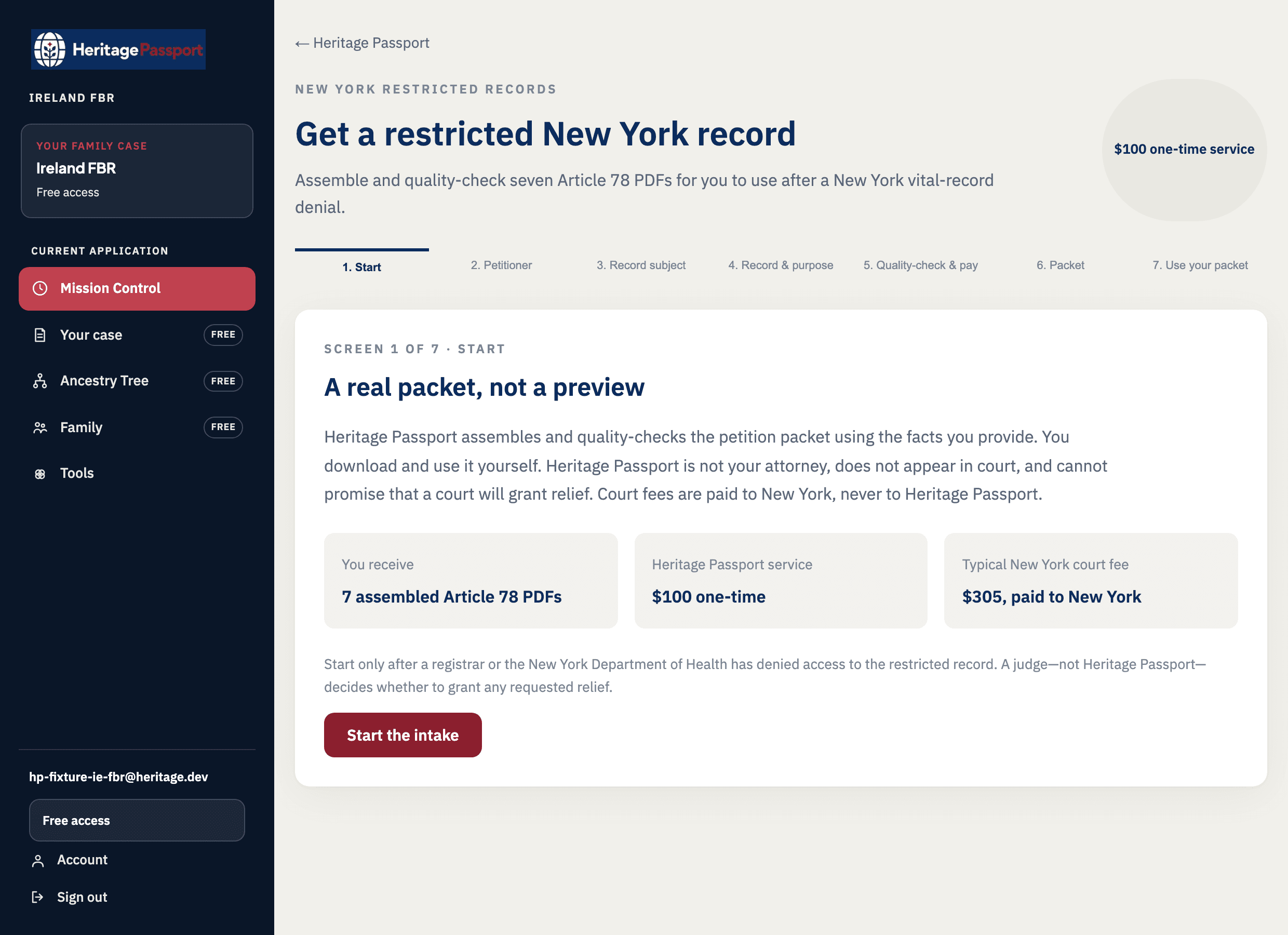The petition kit intake in Heritage Passport, showing a numbered run of seven screens with the first one active: seven assembled Article 78 PDFs, a hundred dollars one-time to Heritage Passport, and a typical New York court fee of three hundred and five dollars paid to New York.